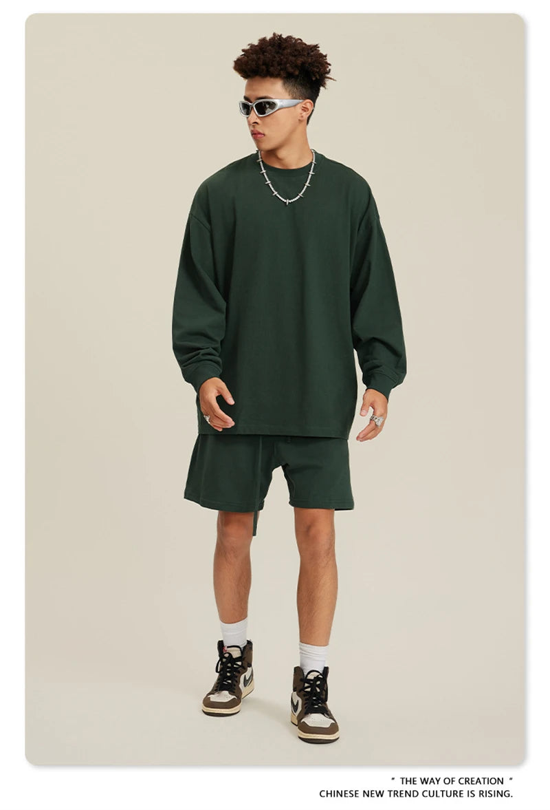 ZODF NEW Autumn Men's Solid Full Sleeve T Shirts Unisex Loose Oversized Casual 305GSM Cotton Basic T-Shirt Brand TEE HY0209