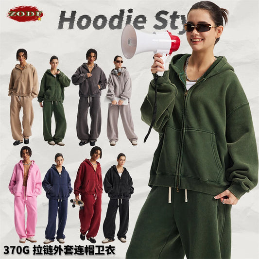 ZODF New 2025 Winter Man's Fleece Zipper Hoodies Unisex Retro 370gsm Loose Boxy Batik Washed Hooded Coats Sweatshirts HY1164