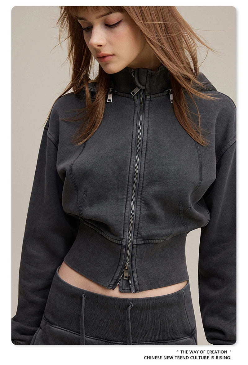 ZODF Vintage 2025 Winter Batik Washed Crop Hoodies Female Girls Remove Hood Heavy Weight Sport 400gsm Hooded Coat HY1085