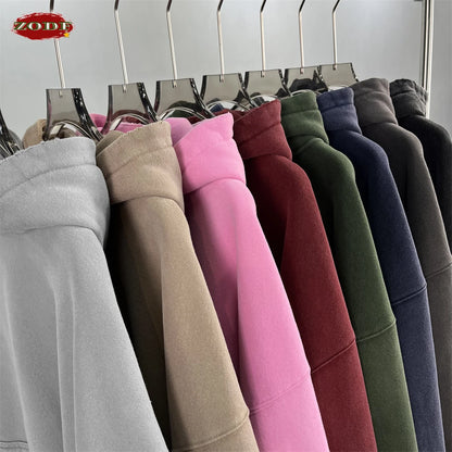 ZODF Retro 2025 Winter Man Washed Boxy Fleece Hoodies Unisex 370gsm Loose Hooded Pullovers Sweatshirt Streetwears HY1129