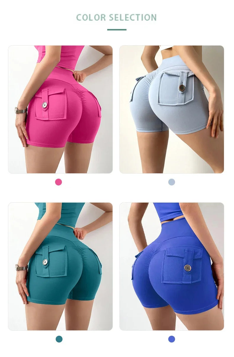 High Waist Yoga Shorts for Women with Pockets Scrunched Butt Push Up Gym Leggings Sexy Fitness Running Tights
