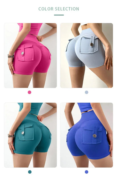 High Waist Yoga Shorts for Women with Pockets Scrunched Butt Push Up Gym Leggings Sexy Fitness Running Tights