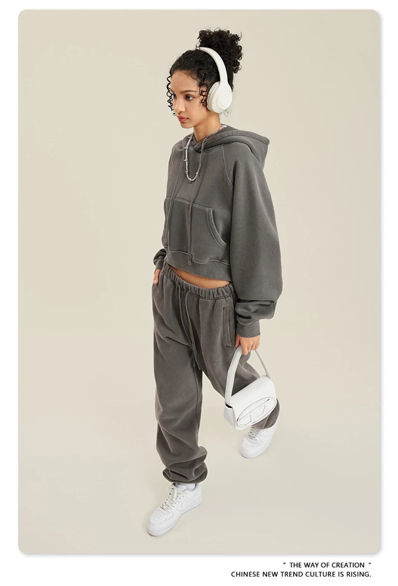 ZODF Women Hotsweet 2025 Winter Washed Fleece Crop Hoodies Girls Oversized Raglan Sleeve 400gsm Hooded Pullovers HY0648