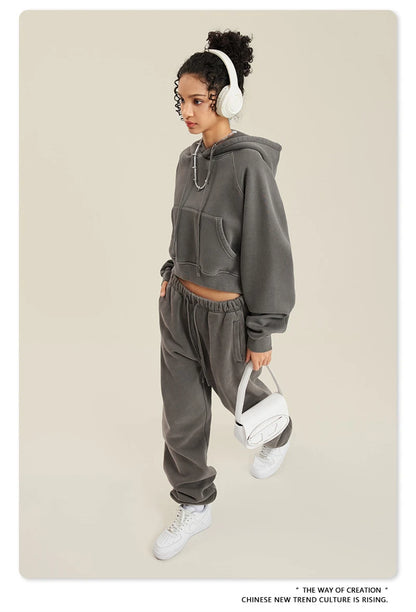 ZODF Women Hotsweet 2025 Winter Washed Fleece Crop Hoodies Girls Oversized Raglan Sleeve 400gsm Hooded Pullovers HY0648