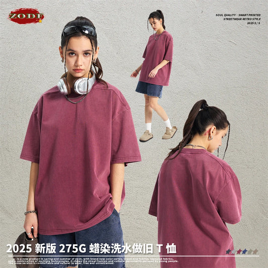 ZODF Vintage 2025 Men Batik Washed 100% Cotton T-Shirts Unisex Oversized Summer Distressed 275gsm T Shirt Brand Clothes HY1040