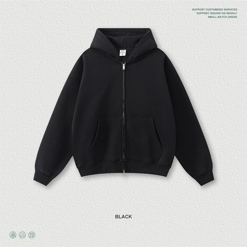 ZODF Fashion Winter 345gsm Boxy Fleece Zipper Hoodie For Men Unisex Cusual Loose Fit Warm Hooded Coat Outwears HY1178