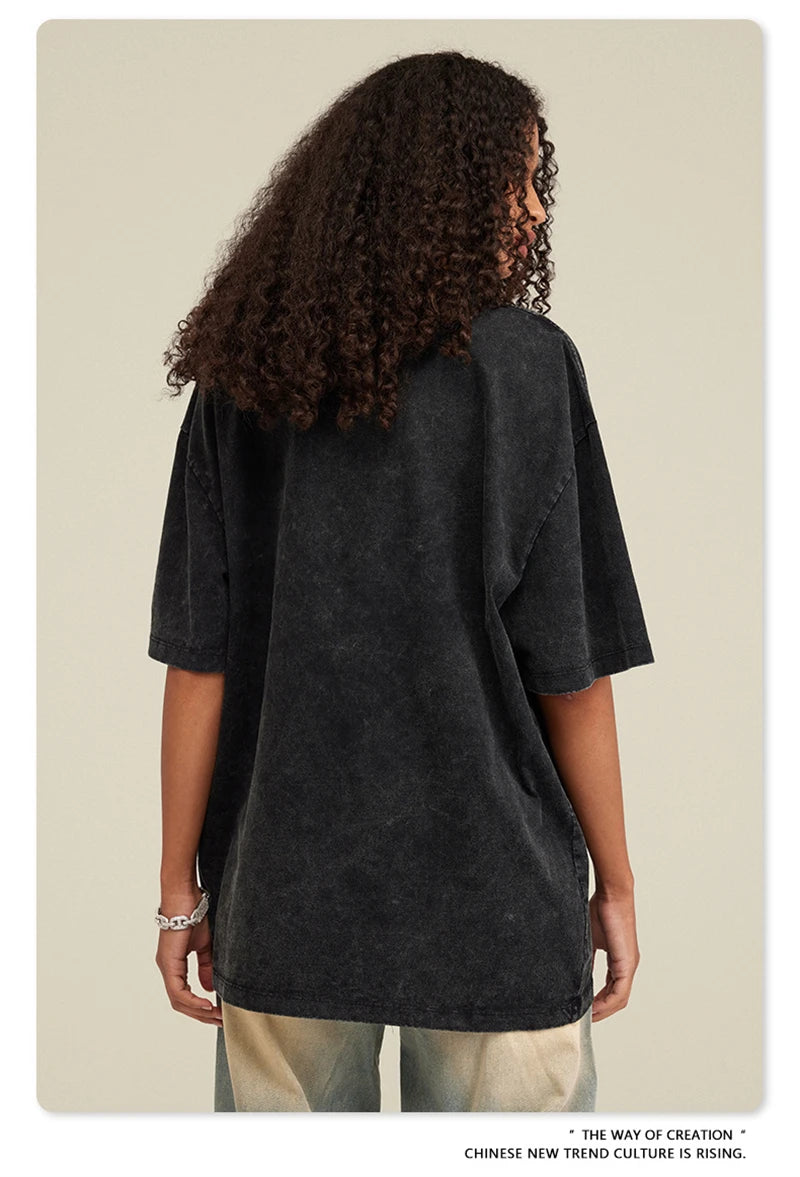 ZODF New Summer Men Washed Batik Cotton T Shirts Unisex American Retro High Street 270gsm Short Sleeve Tees Streetwear HY0489