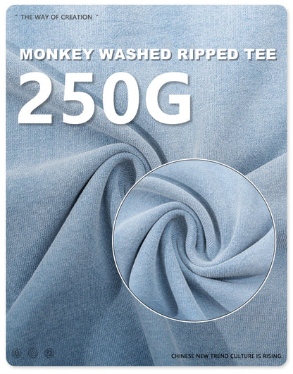 ZODF Summer High Street Printing T-Shirts For Men Unisex Retro Washed 250gsm Ripped Cotton T Shirt Brand Tops HY0858