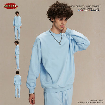 ZODF 2024 Autumn Winter Men's Basic O-Neck Sweatshirt Unisex Loose Solid 430gsm Terry Pullovers Streetwears HY0910