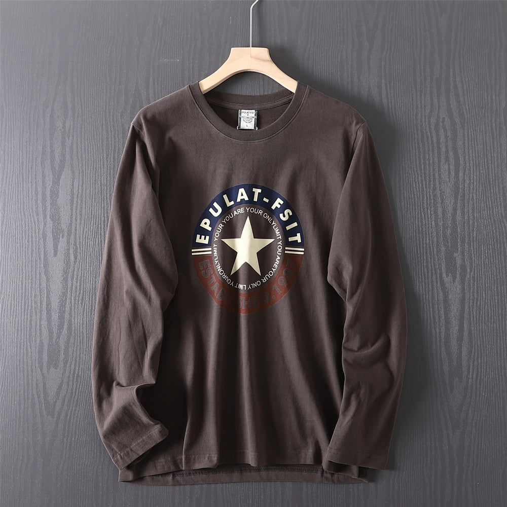 2025 Autumn New American Retro Long-sleeved O-neck Letter Printed T-shirt Men's Fashion 100% Cotton Washed Casual Sport Tops