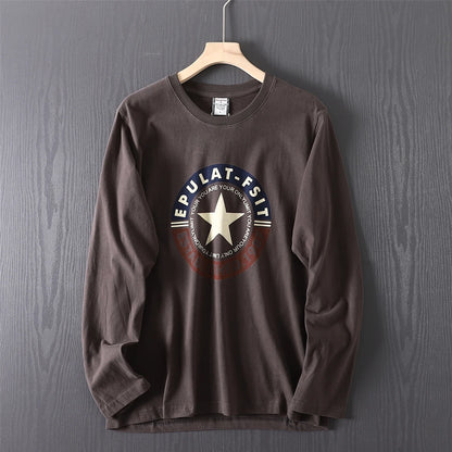 2025 Autumn New American Retro Long-sleeved O-neck Letter Printed T-shirt Men's Fashion 100% Cotton Washed Casual Sport Tops