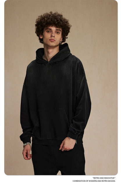 ZODF Retro Men's Heavyweight Gradient Washed Hoodies Unisex Loose Distressed Holes 450gsm Knitted Hooded Pullovers HY0891