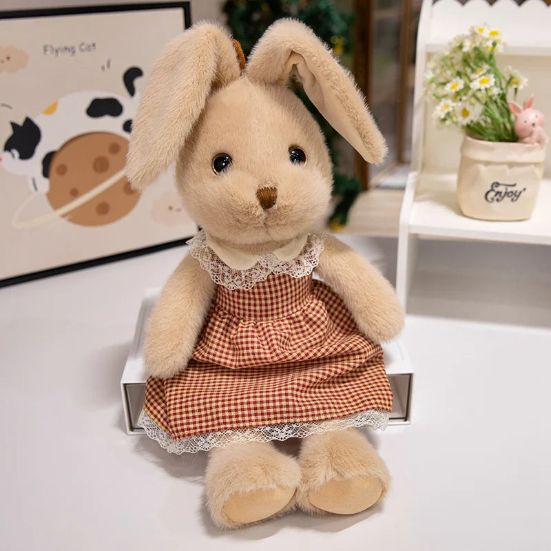Classic Style Bunny Plush Toy Wearing Plaid Skirt Cute Rabbit Soft Doll Baby Girl Sleep Companion Bedroom Decoration