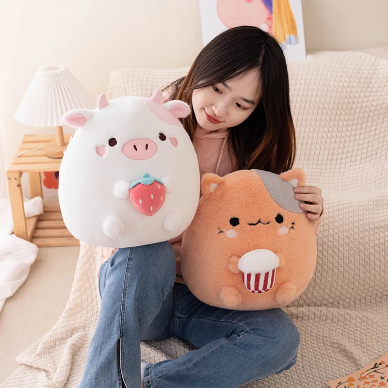 ZU New Arrival Kawaii Stuffed Animal Strawberry Cow Popcorn Cat Plushies Doll Huggable Fat Big Hug Pillow Sofa Bed Decor Cushion