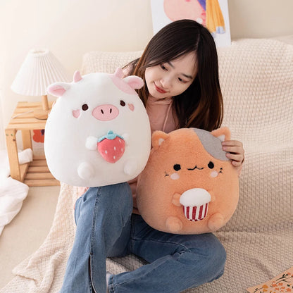 ZU New Arrival Kawaii Stuffed Animal Strawberry Cow Popcorn Cat Plushies Doll Huggable Fat Big Hug Pillow Sofa Bed Decor Cushion