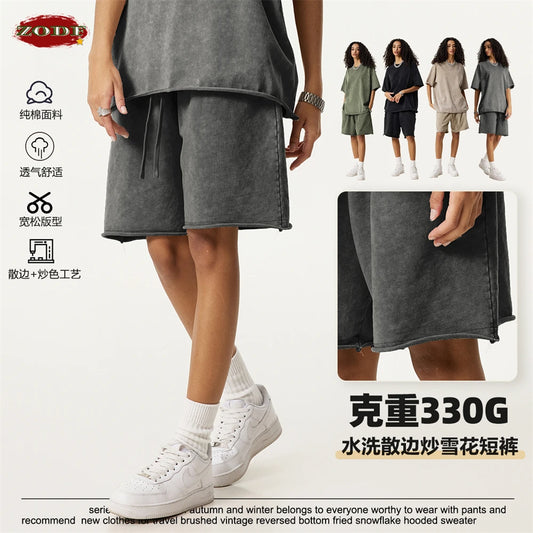 ZODF New 2025 Men Summer Loose Edge Washed Cotton Shorts Unisex Retro High Street Distressed 330gsm Shorts Brand Clothes HY1056