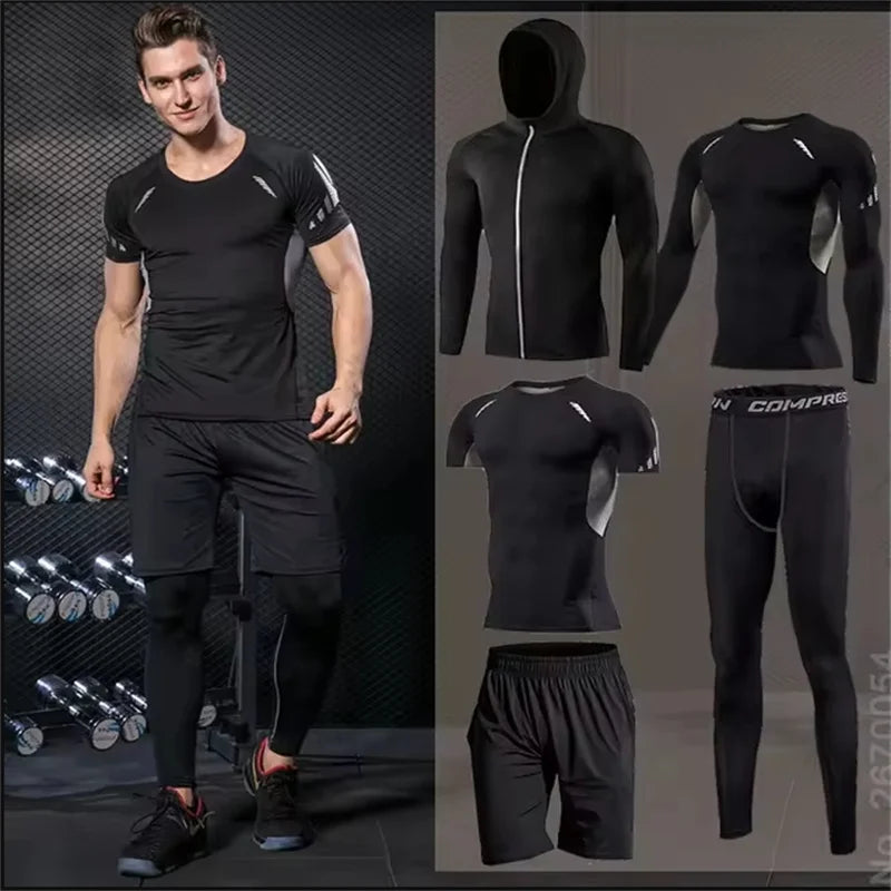 Men Sportswear Compression Quick Dry Running Sets Joggers Training Gym Fitness Tracksuits - black / S