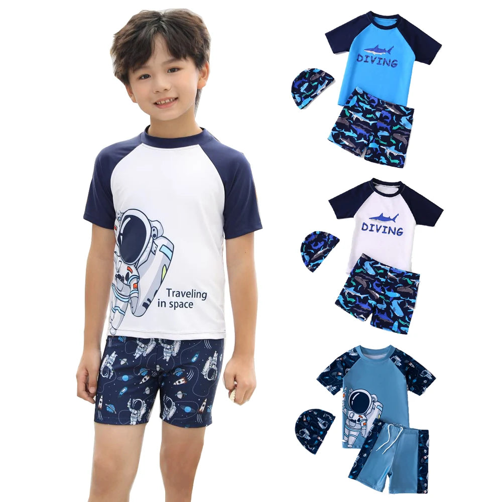 Boys Swimsuit 2025 3-Pieces Set Cute Cartoon Shark Print Kids Beach Suit Short Sleeve Swimwear with Swim Hat Toddler BeachWear