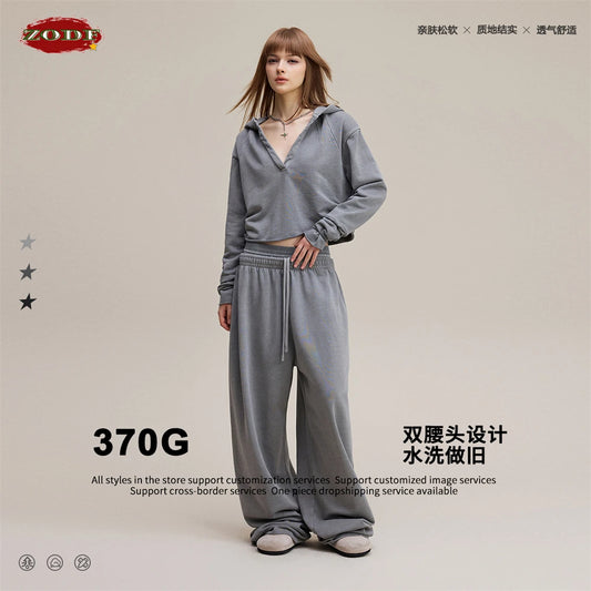 ZODF Retro Women Washed 370gsm Straight Pants Vintage Girls Female Loose Double Waist Wide Leg Cotton Trousers HY1150