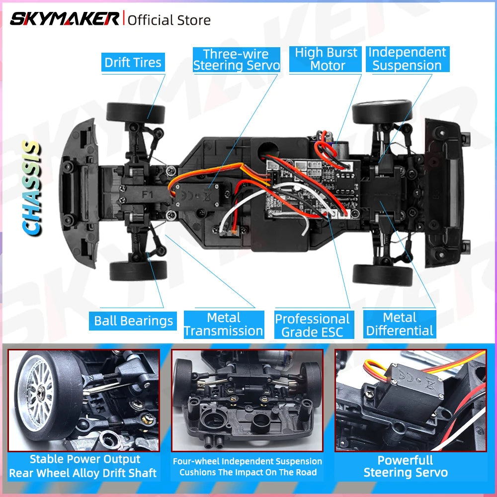 Skymaker LDRC 1/18 RC Drift Car LD1899 GTR Mode R34 2.4GHz RWD with Gyroscope on-Road Alloy Body Shell Racing Car for Boys Gifts