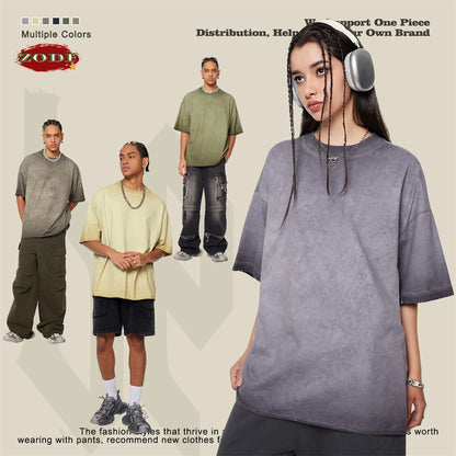 ZODF Fashion 2024 250gsm Washed Distressed T-Shirts For Men Unisex Women Retro Cotton Relax Fit T Shirt Brand Tees HY0838