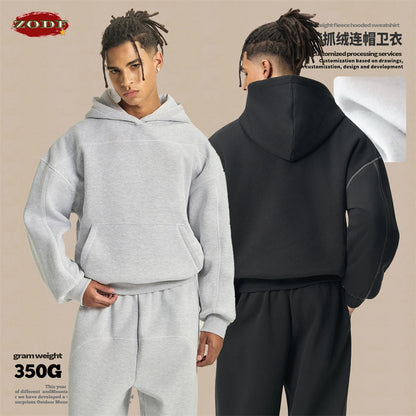 ZODF Trendy Men 350gsm Fleece Loose Boxy Fit Hooded Hoodie Unisex Hip Hop Solid Warm Pullovers Coat For Winter HY0032