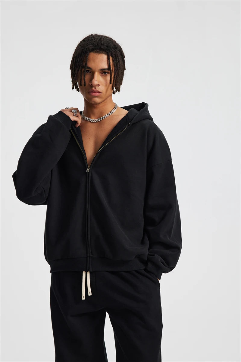 ZODF Trendy Winter Man Warm 430gsm Fleece Zipper Hoodies Unisex Solid Loose Zip-Up Hooded Coats Brand Outfit HY1130