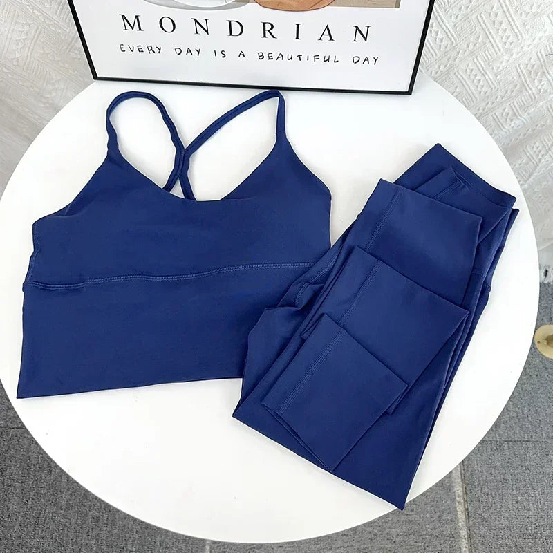 2 Piece Yoga Set Sportswear Fitness Suit with Sexy Cross Back Top and High Waist Elastic Leggings for Running Workout