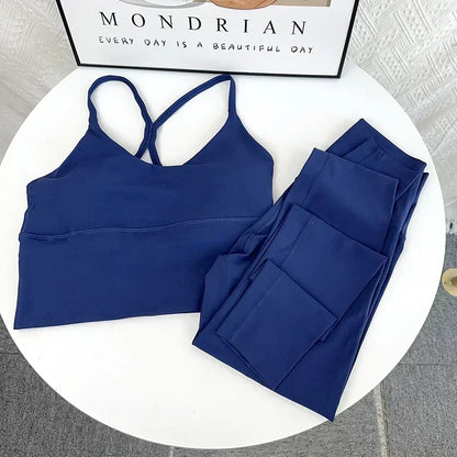 2 Piece Yoga Set Sportswear Fitness Suit with Sexy Cross Back Top and High Waist Elastic Leggings for Running Workout