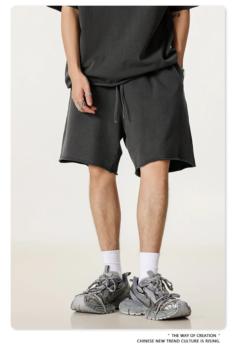 ZODF Retro Summer Washed 370gsm Cotton Shorts For Men Unisex High Street Loose Edge Distressed Solid Shorts Brand Clothes HY1023