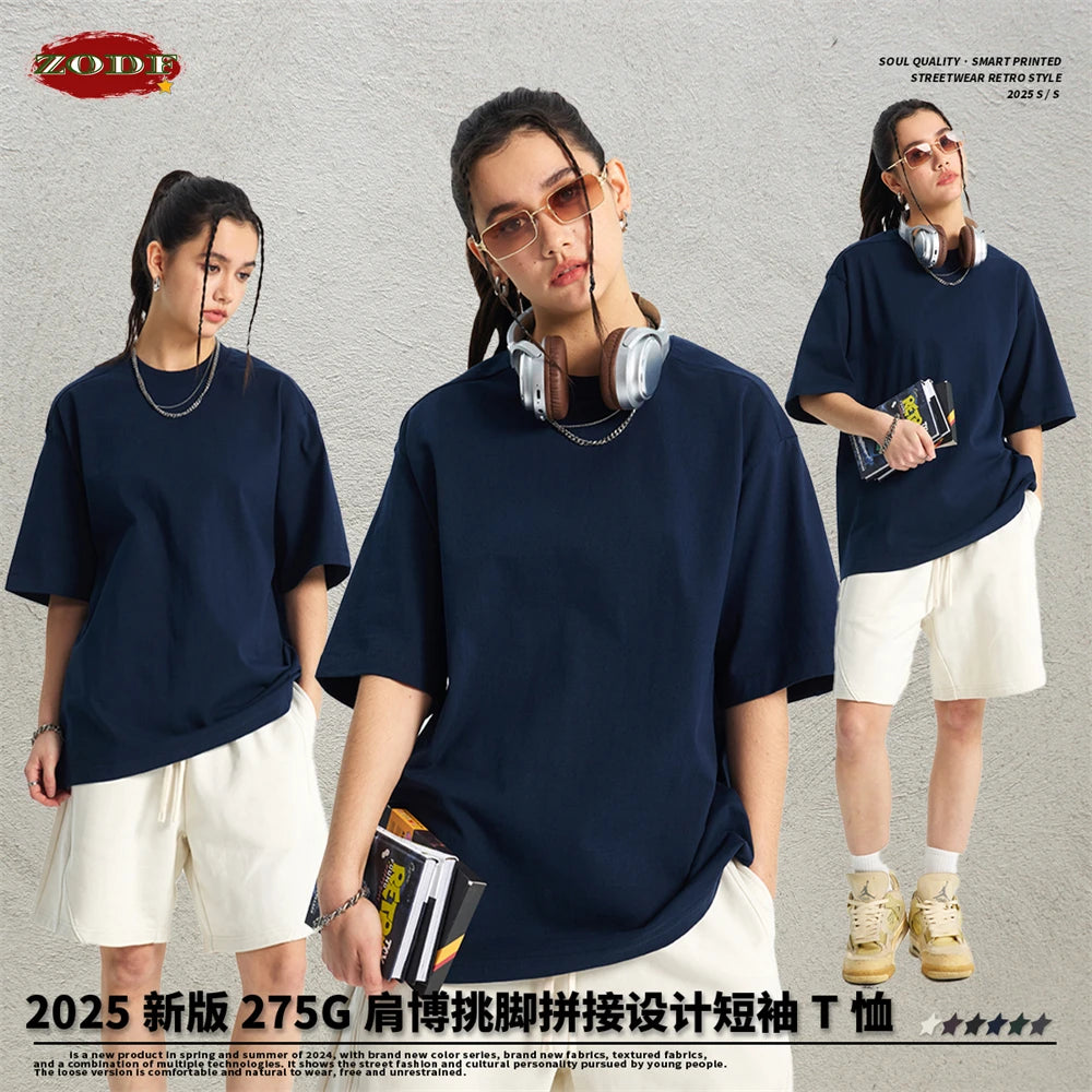 ZODF Trendy 2025 Men 275gsm Cotton T-Shirts Unisex Summer Patchwork Solid O Neck T Shirt Brand Tees HY1045