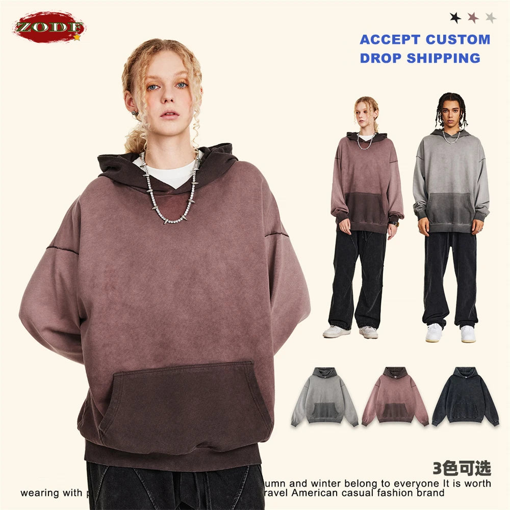 ZODF American Retro Washed Cotton Hoodie For Men Unisex Autumn High Street Oversized Knitted 380gsm Hooded Pullovers Coat HY0913