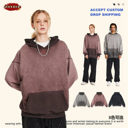 ZODF American Retro Washed Cotton Hoodie For Men Unisex Autumn High Street Oversized Knitted 380gsm Hooded Pullovers Coat HY0913