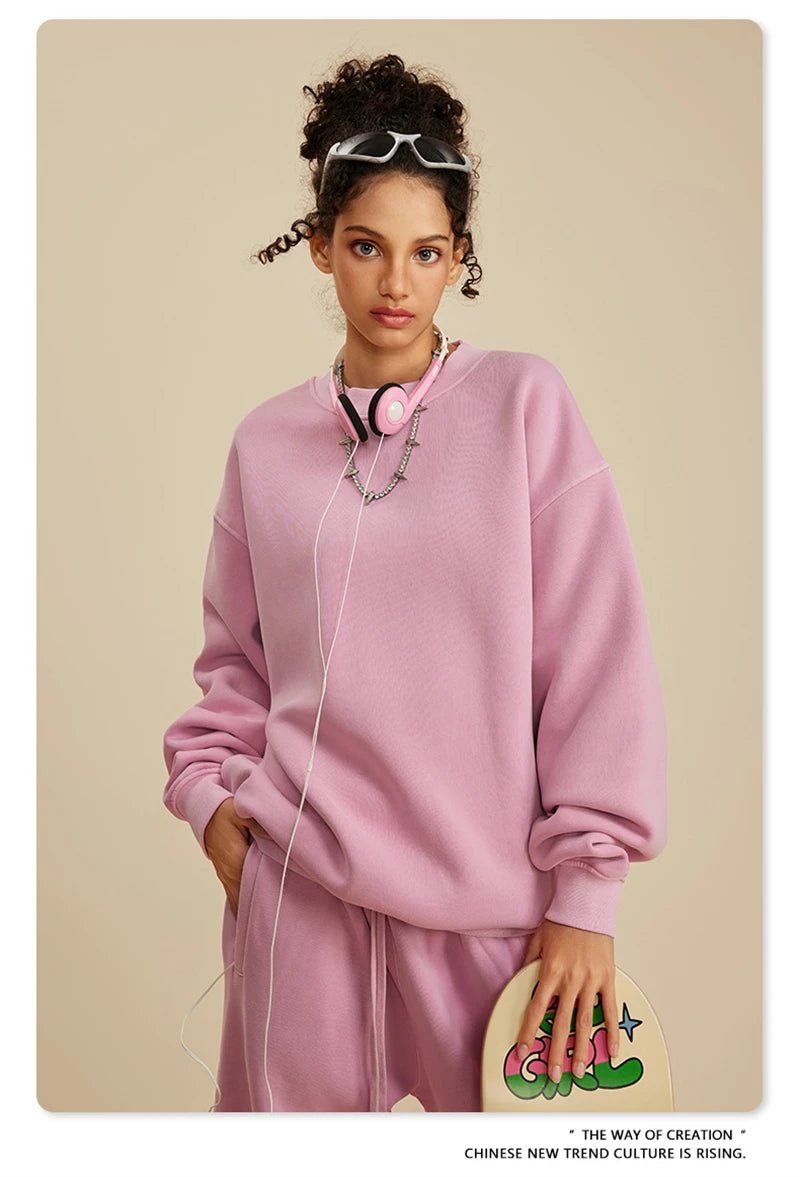 ZODF New Men Winter 355gsm Washed Fleece Sweatshirts Retro Unisex Oversized Solid O-Neck Warm Pullovers Coat Streetwears HY0639