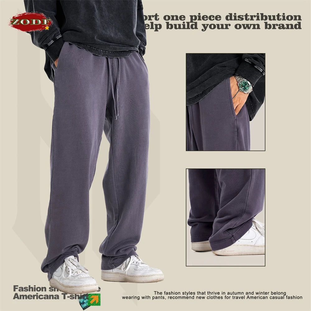 ZODF Retro Men Autumn Washed 380gsm Cotton Unisex High Street Oversized Solid Sport Straight Pants HY0885