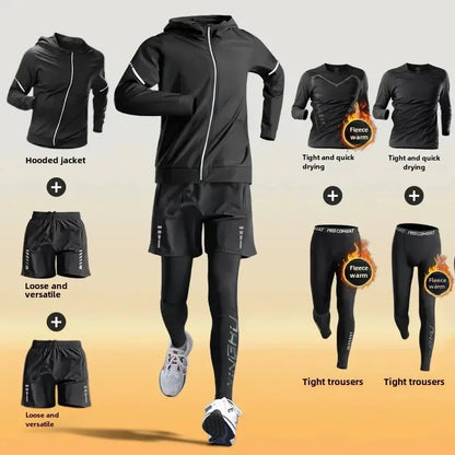 Men’s Winter Fleece-Lined Quick-Dry Warm-Up Sports Set for Running Cycling Fitness Training - 7-pcs set / XXXL