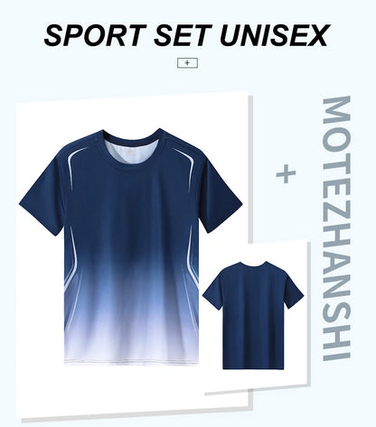 Chrlck Unisex Gradient Quick-Dry Ice Silk Fitness T-Shirt and Shorts Set for Running Gym Training
