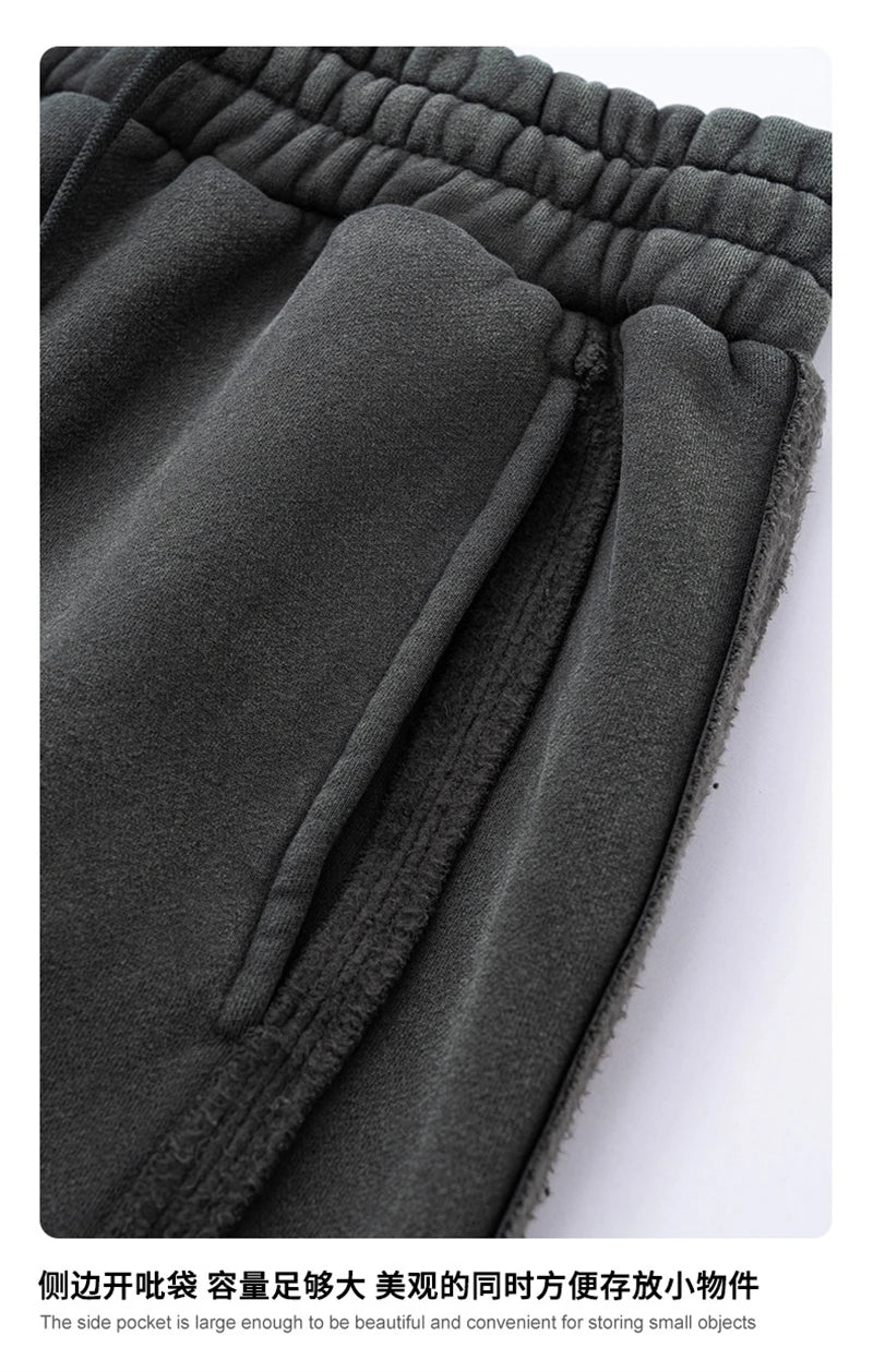 ZODF Vintage Man Winter Washed Fleece Straight Pants Unisex Distressed 360gsm Knitted Warm Trousers Brand Bottoms HY1092