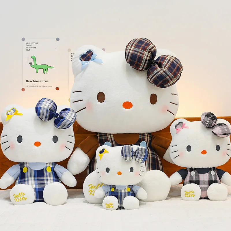 Sanrio Hello Kitty Plush Toy Retro Plaid Skirt Kitty Doll Stuffed Animal Creative Gift for Kids Birthday Christmas Girls Pillow