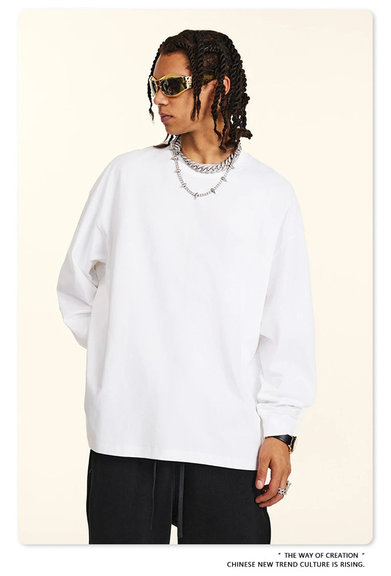 ZODF New 2024 Autumn 225gsm Loose Solid T-Shirt For Men Retro Unisex Antibacterial Full Sleeve T Shirts Brand Tops HY0871