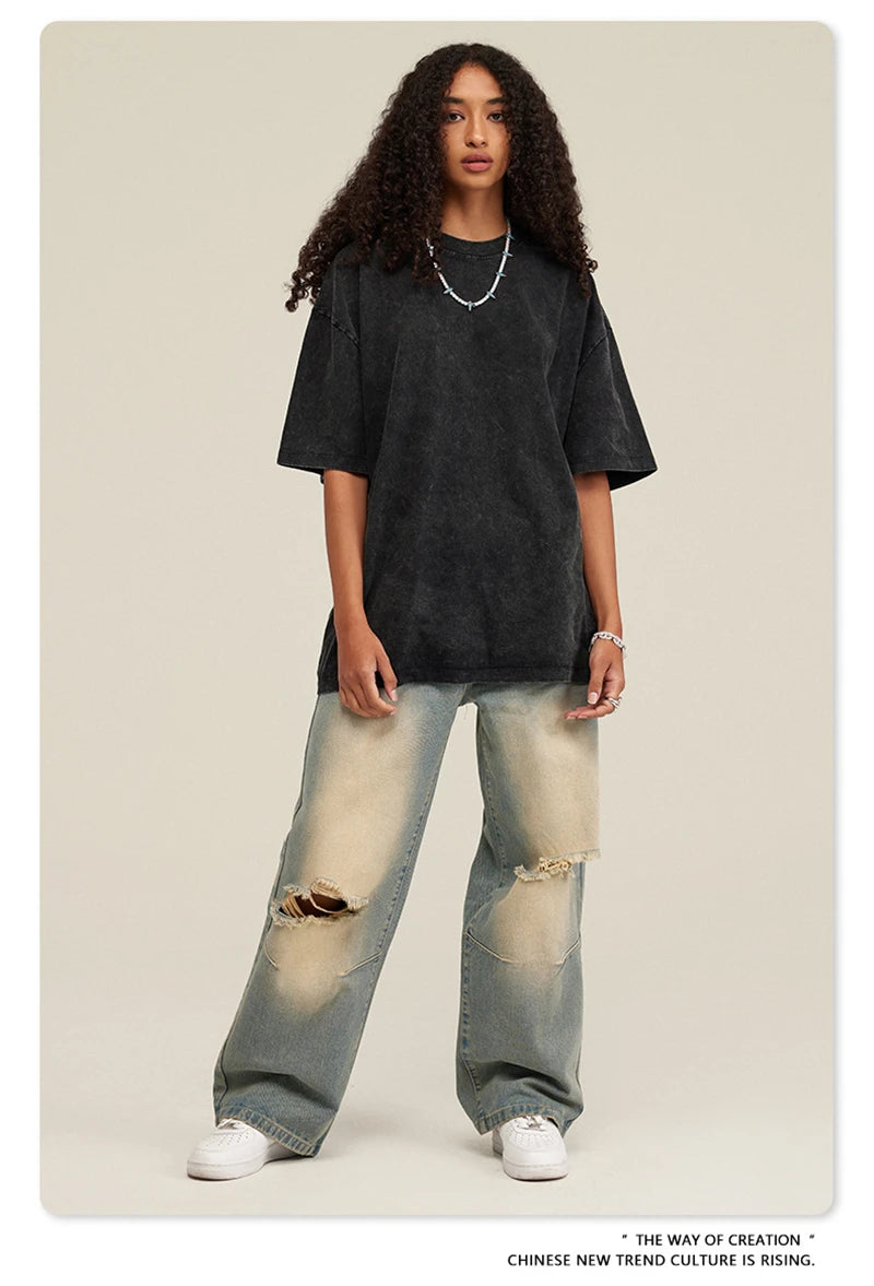 ZODF New Summer Men Washed Batik Cotton T Shirts Unisex American Retro High Street 270gsm Short Sleeve Tees Streetwear HY0489