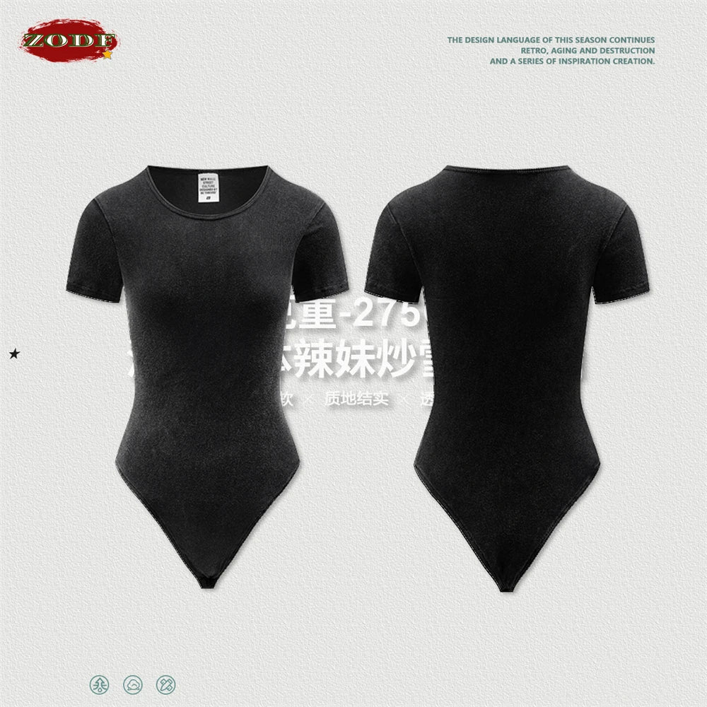 ZODF Hotsweet 2025 Women Washed Short Sleeve Bodysuits Sexy Girls Female 275gsm Slim Fit Distressed TEE Brand Tops HY1058