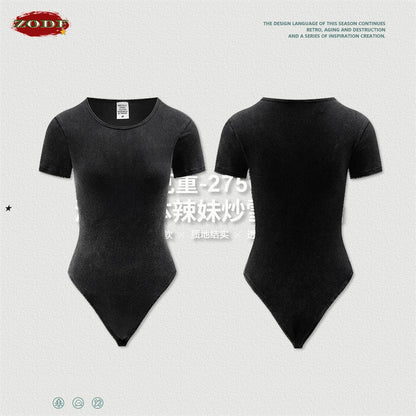 ZODF Hotsweet 2025 Women Washed Short Sleeve Bodysuits Sexy Girls Female 275gsm Slim Fit Distressed TEE Brand Tops HY1058