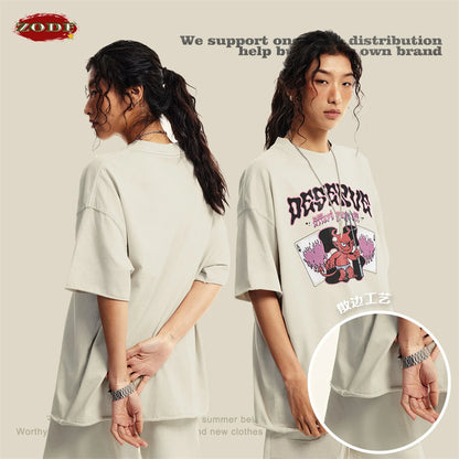 ZODF America Retro Summer 100% Cotton T-Shirts For Men Unisex Washed 310gsm Comfortable High Street Printing T Shirt Tops HY0862