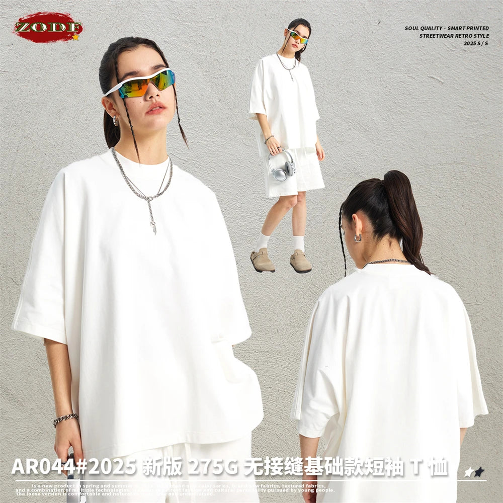 ZODF Trendy 2025 Summer Men’s 275gsm Cotton Seamless Oversized O-Neck Casual T-Shirt HY1030