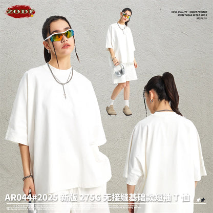 ZODF Trendy 2025 Summer Men’s 275gsm Cotton Seamless Oversized O-Neck Casual T-Shirt HY1030