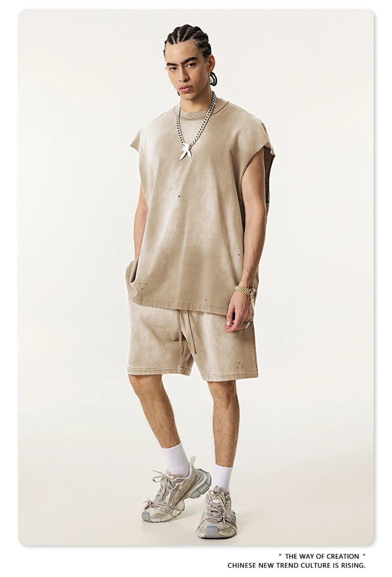 ZODF 2025 Summer 285gsm Washed Tank Tops For Men Unisex American Retro Cut Distressed Oversized Sleeveless TEE Vest HY1006