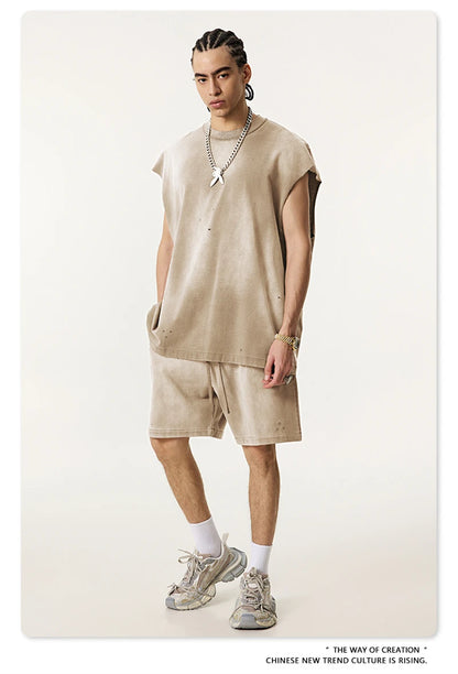 ZODF 2025 Summer 285gsm Washed Tank Tops For Men Unisex American Retro Cut Distressed Oversized Sleeveless TEE Vest HY1006