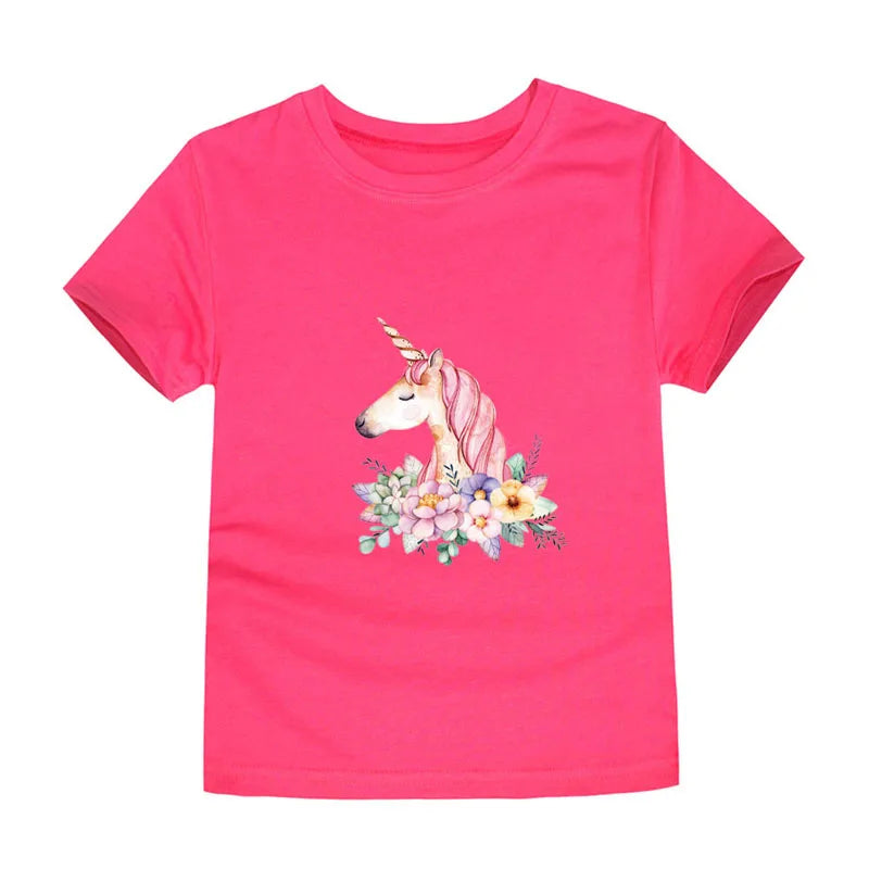 Child Kids Tshirts for Girls Clothes 2024 New Summer Pink Red Blue Luxury Toddler Girl T Shirt Kawaii Unicorn Flower Korean Tees