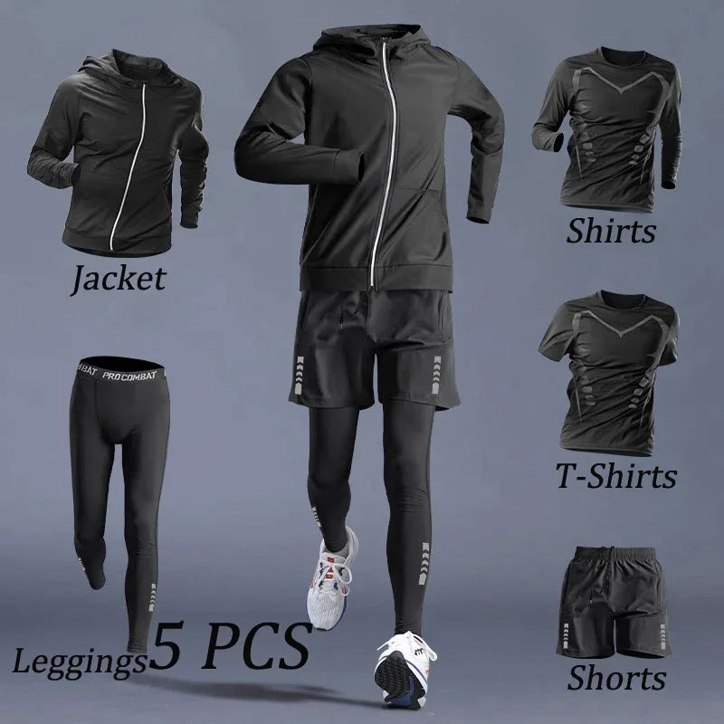 Autumn 5-7 Pcs Men’s Sports Suit Running Training Wear Quick Dry Fitness Cycling Sportswear Outwear - Ke 5 PCS / M